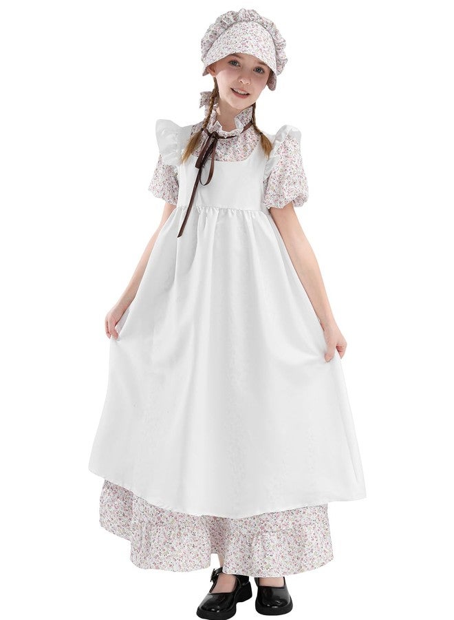 FCCAM FCCAM FCCAM Pioneer Dresses for Girls Floral Ruffle Prairie Colonial Costume with High Waist Apron Pink S Age Over 4 Years Old - Image 4